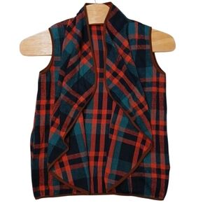 Womens Lapel Sleeveless Open Front Hem Plaid Vest Cardigan Jacket With PocketsXL